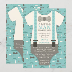 Little Man Baby shower Invitation, Blauwgroen, Tan Kaart