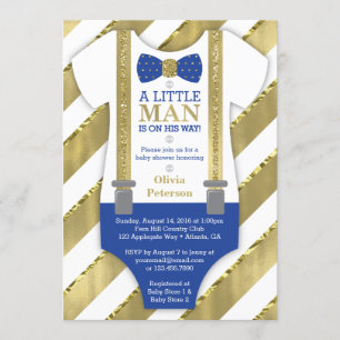 Little Man Baby shower Invitation, Blue, Faux Gold Kaart