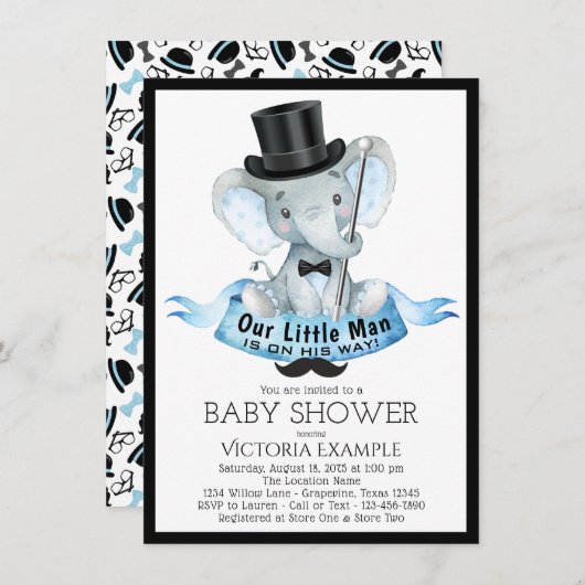 Little Man Baby shower Invitation Dapper Elephant Kaart (Voorkant / Achterkant)