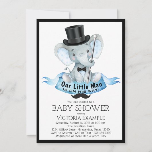 Little Man Baby shower Invitation Dapper Elephant Kaart (Voorkant)