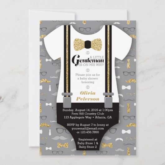 Little Man Baby shower Invitation, Faux Glitter Kaart (Voorkant)