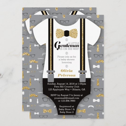 Little Man Baby shower Invitation, Faux Glitter Kaart (Voorkant / Achterkant)