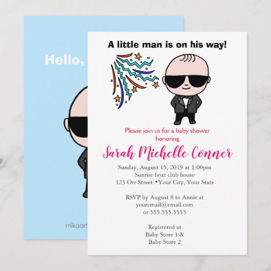Little Man Baby shower Invitation Funny Schattige Kaart (Voorkant / Achterkant)