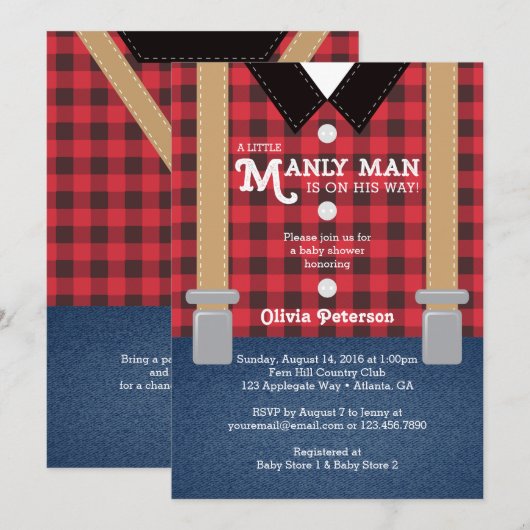 Little Man Baby shower Invitation, houthakker Kaart (Voorkant / Achterkant)