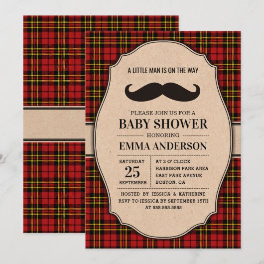 Little Man Baby shower Invitation - Mustache Pset Kaart (Voorkant / Achterkant)