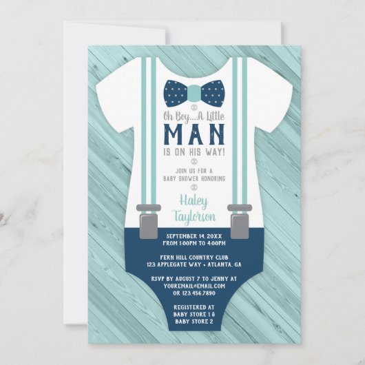 Little Man Baby shower Invitation, Navy Blue, Aqua Kaart (Voorkant)