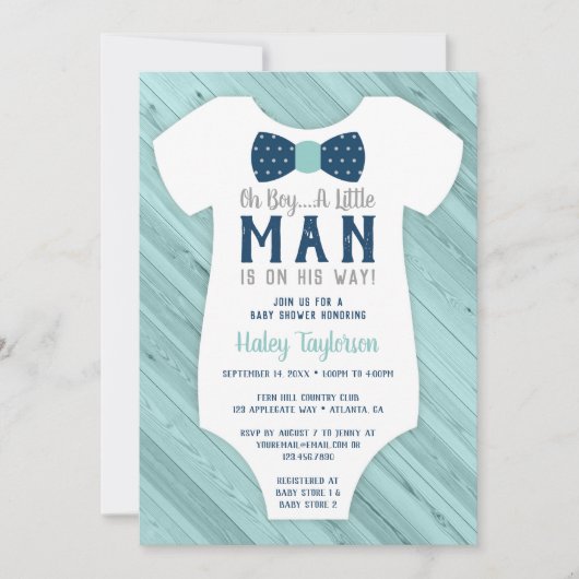 Little Man Baby shower Invitation, Navy Blue, Aqua Kaart (Voorkant)