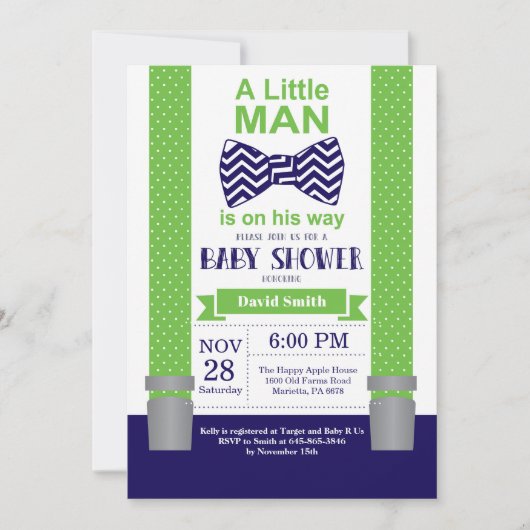 Little Man Baby shower Invitation Navy Blue Green Kaart (Voorkant)