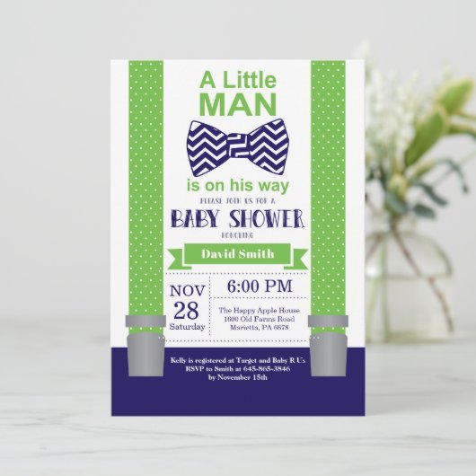 Little Man Baby shower Invitation Navy Blue Green Kaart (Staand voorkant)