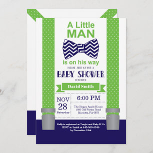Little Man Baby shower Invitation Navy Blue Green Kaart