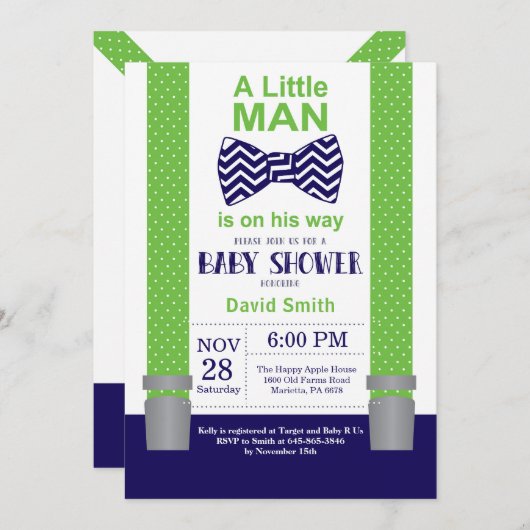 Little Man Baby shower Invitation Navy Blue Green Kaart (Voorkant / Achterkant)