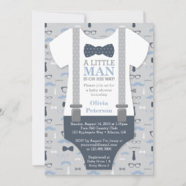 Little Man Baby shower Invitation, Navy Blue, Grey Kaart