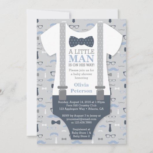 Little Man Baby shower Invitation, Navy Blue, Grey Kaart (Voorkant)
