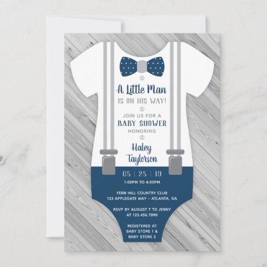 Little Man Baby shower Invitation, Navy Blue, Grey Kaart (Voorkant)