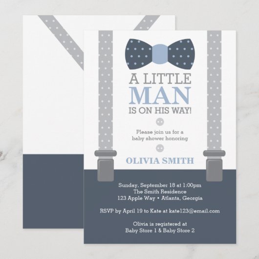 Little Man Baby shower Invitation, Navy Blue, Grey Kaart (Voorkant / Achterkant)