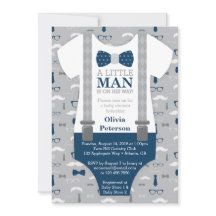 Little Man Baby shower Invitation, Navy Blue, Grey