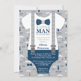Little Man Baby shower Invitation, Navy Blue, Grey Kaart