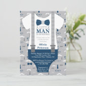 Little Man Baby shower Invitation, Navy Blue, Grey Kaart (Staand voorkant)