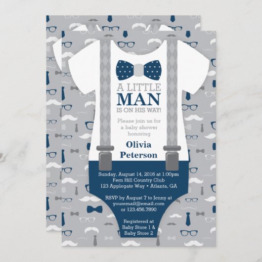 Little Man Baby shower Invitation, Navy Blue, Grey Kaart (Voorkant / Achterkant)