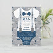Little Man Baby shower Invitation, Navy Blue, Grey Kaart (Staand voorkant)