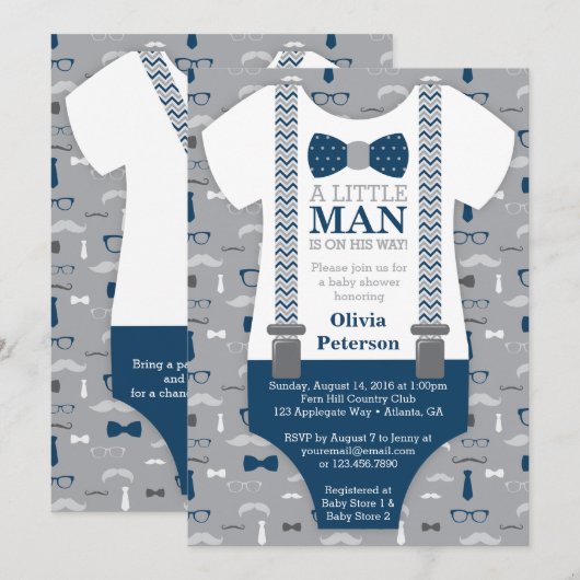 Little Man Baby shower Invitation, Navy Blue, Grey Kaart (Voorkant / Achterkant)
