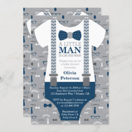 Little Man Baby shower Invitation, Navy Blue, Grey Kaart
