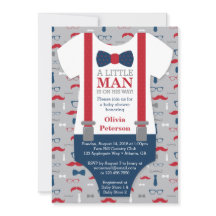 Little Man Baby shower Invitation, Navy Blue, Rood