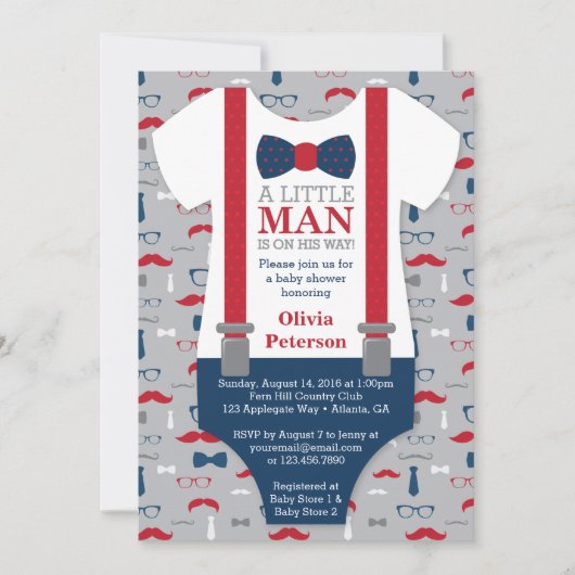 Little Man Baby shower Invitation, Navy Blue, Rood Kaart (Voorkant)