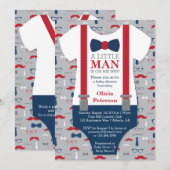 Little Man Baby shower Invitation, Navy Blue, Rood Kaart (Voorkant / Achterkant)