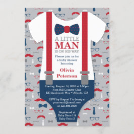 Little Man Baby shower Invitation, Navy Blue, Rood Kaart