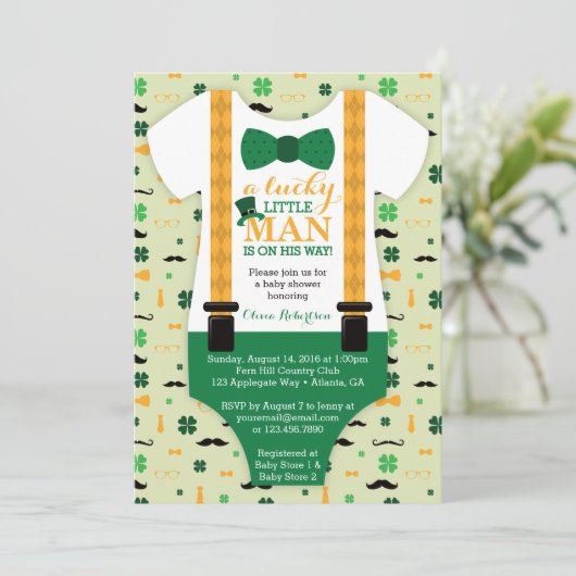 Little Man Baby shower Invitation, St Patricks Day Kaart (Staand voorkant)