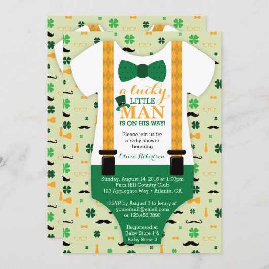 Little Man Baby shower Invitation, St Patricks Day Kaart (Voorkant / Achterkant)