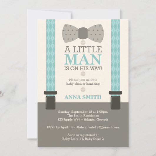 Little Man Baby shower Invitation, Turquoise Kaart (Voorkant)