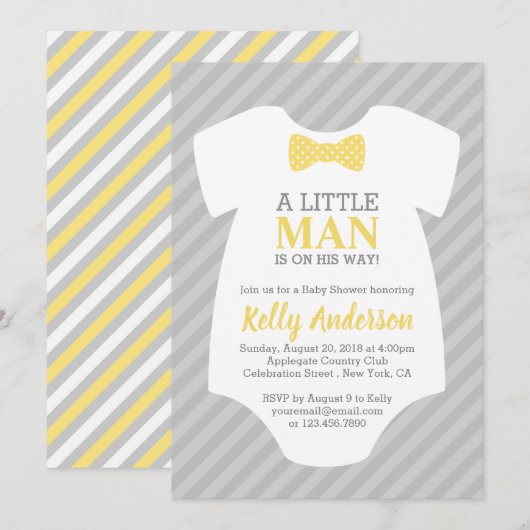 Little Man Baby shower Invitation - Yellow Grey Kaart (Voorkant / Achterkant)