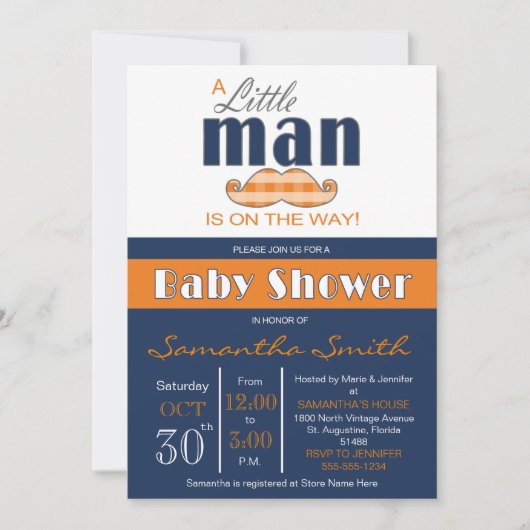 Little Man Baby shower Navy Blue en Oranje Kaart (Voorkant)