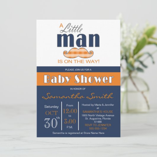 Little Man Baby shower Navy Blue en Oranje Kaart (Staand voorkant)