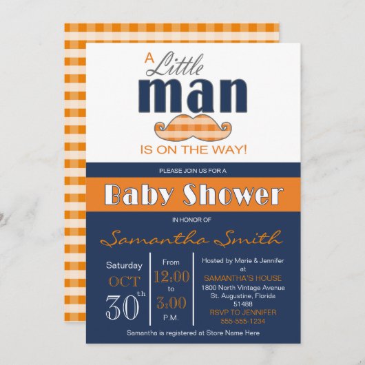 Little Man Baby shower Navy Blue en Oranje Kaart (Voorkant / Achterkant)