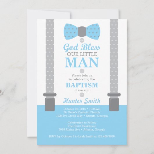 Little Man Baptism Invitation, Baby Blue, Grey Kaart (Voorkant)