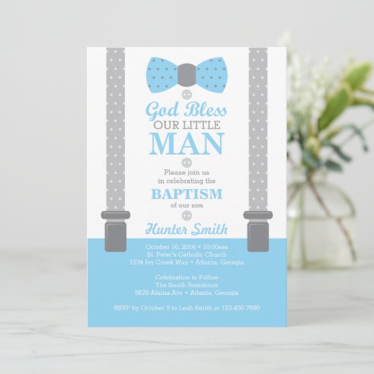 Little Man Baptism Invitation, Baby Blue, Grey Kaart (Staand voorkant)