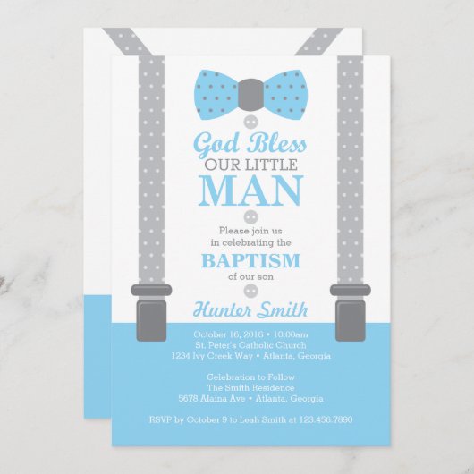 Little Man Baptism Invitation, Baby Blue, Grey Kaart (Voorkant / Achterkant)
