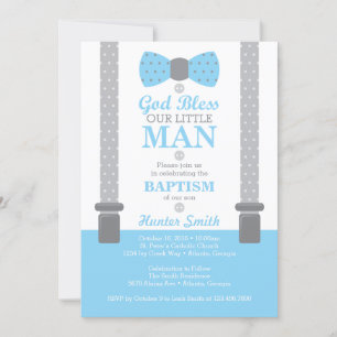 Little Man Baptism Invitation, Baby Blue, Grey Kaart