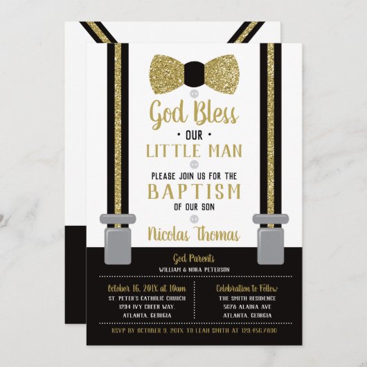 Little Man Baptism Invitation, Black, Gold Kaart (Voorkant / Achterkant)