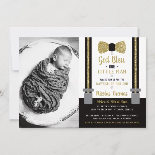 Little Man Baptism Invitation, Black, Gold Kaart (Voorkant)