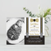 Little Man Baptism Invitation, Black, Gold Kaart (Staand voorkant)
