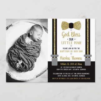 Little Man Baptism Invitation, Black, Gold Kaart