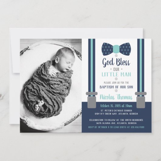 Little Man Baptism Invitation Blue, Aqua Kaart (Voorkant)