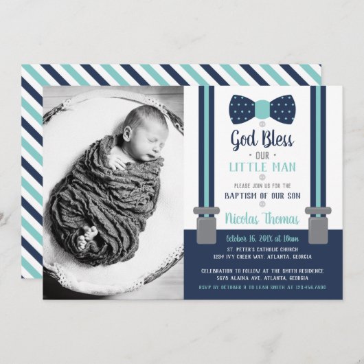 Little Man Baptism Invitation Blue, Aqua Kaart (Voorkant / Achterkant)