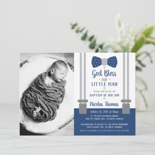 Little Man Baptism Invitation, Blue, Grey Kaart (Staand voorkant)