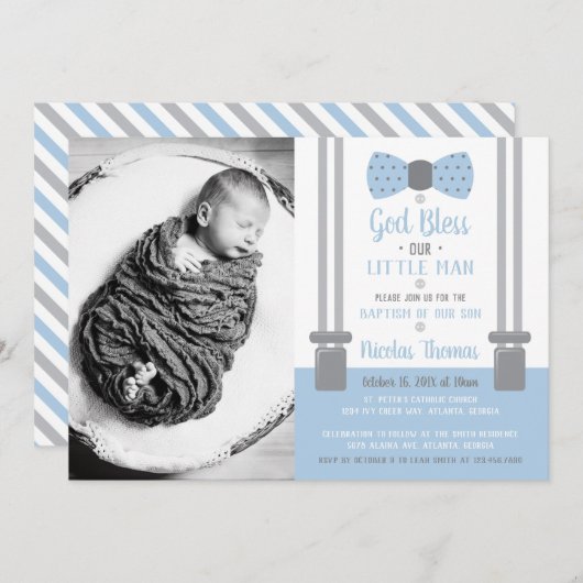 Little Man Baptism Invitation, Blue, Grey Kaart (Voorkant / Achterkant)