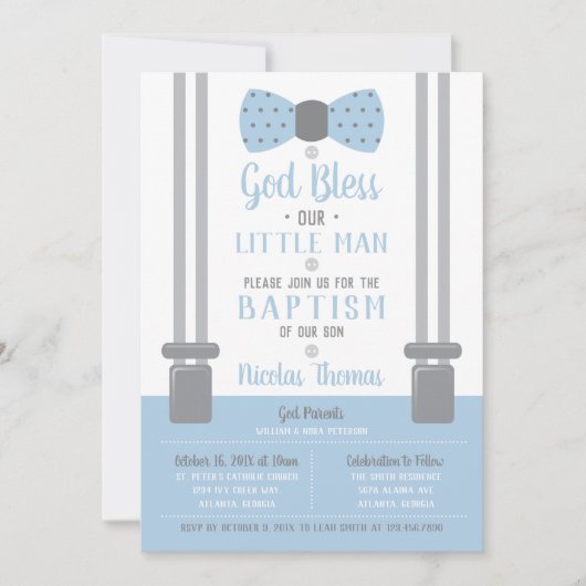 Little Man Baptism Invitation, Blue, Grey Kaart (Voorkant)